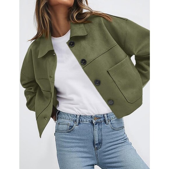 Women's Army Green Faux Suede Cropped Jacket Casual Lightweight Fall Fashion - Picture 4 of 5